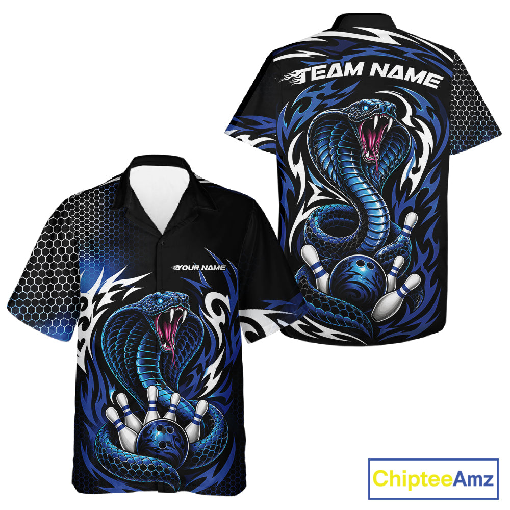 Custom short-sleeve bowling button up shirt shown from the front and back, featuring a blue and black cobain snake graphic wrapping around a bowling ball and pins, with customizable text placeholders.