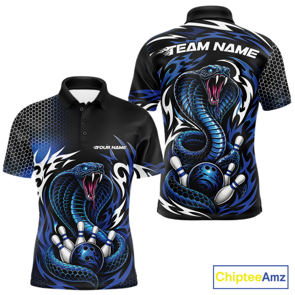 Front and back views of a black short-sleeve polo shirt with a large blue and black cobra snake graphic, white flame accents, bowling ball and pin illustrations, and customizable text placeholders on a white background.