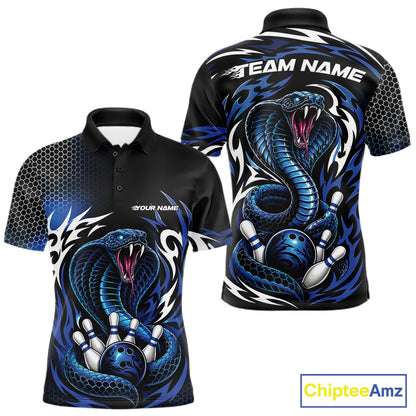 Front and back views of a black short-sleeve polo shirt with a large blue and black cobra snake graphic, white flame accents, bowling ball and pin illustrations, and customizable text placeholders on a white background.