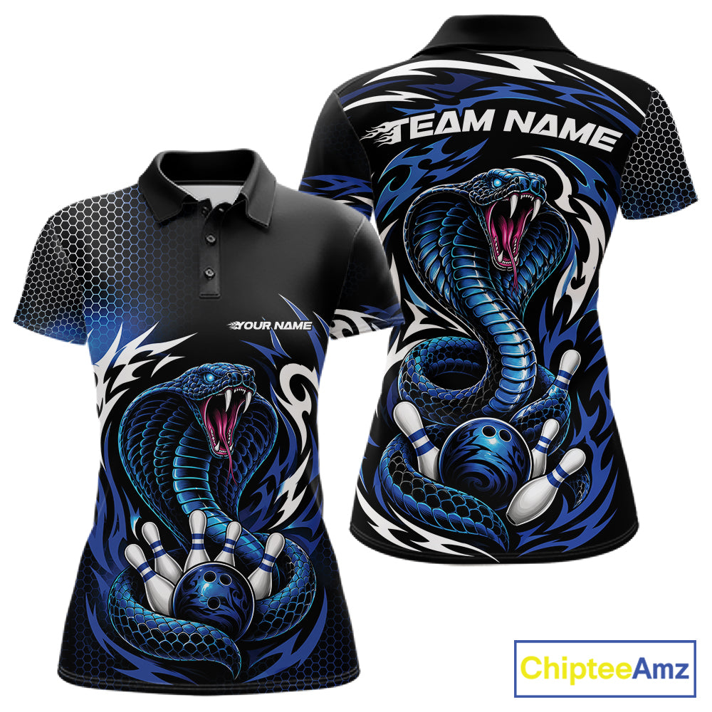 Custom short-sleeve polo shirt shown from the front and back, featuring a bold blue and black cobra snake graphic with bowling balls and pins, on a white background