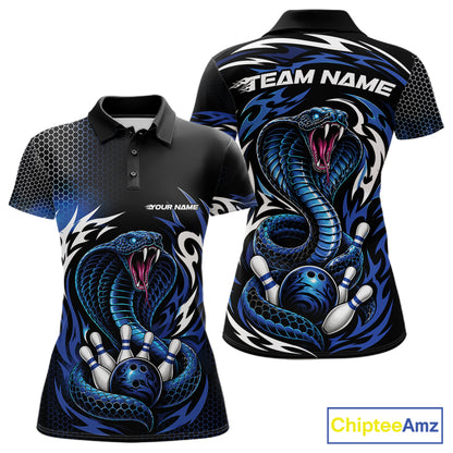 Custom short-sleeve polo shirt shown from the front and back, featuring a bold blue and black cobra snake graphic with bowling balls and pins, on a white background