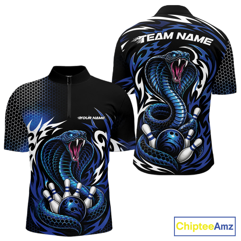 Front and back views of a short-sleeve quarter zip shirt featuring a blue and black cobra snake graphic with bowling pins and white flame-like accents on a white background. 