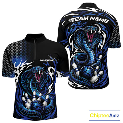 Front and back views of a short-sleeve quarter zip shirt featuring a blue and black cobra snake graphic with bowling pins and white flame-like accents on a white background. 
