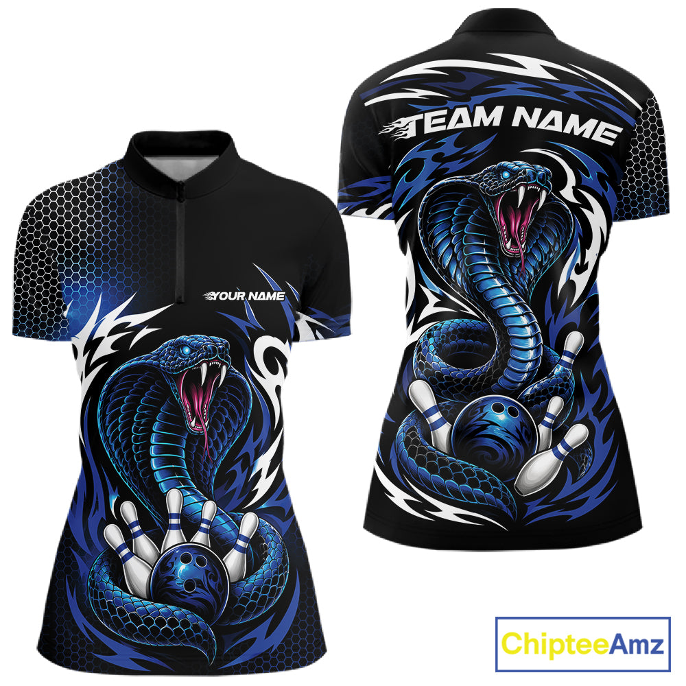 Front and back views of a black short-sleeve bowling-themed quarter zip shirt  featuring a large blue cobra snake wrapping around bowling balls and pins, with customizable text placeholders on the chest and back.