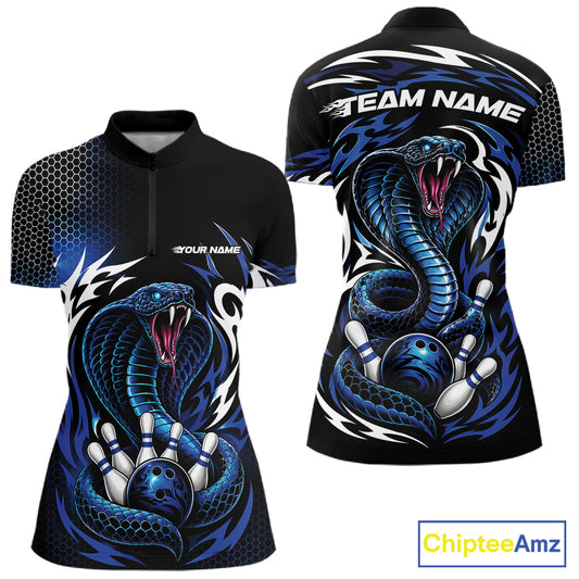 Custom Black And Blue Tribal Cobra Snake Bowling Jerseys Bowling Women Quarter-Zip Shirt IPHW11711