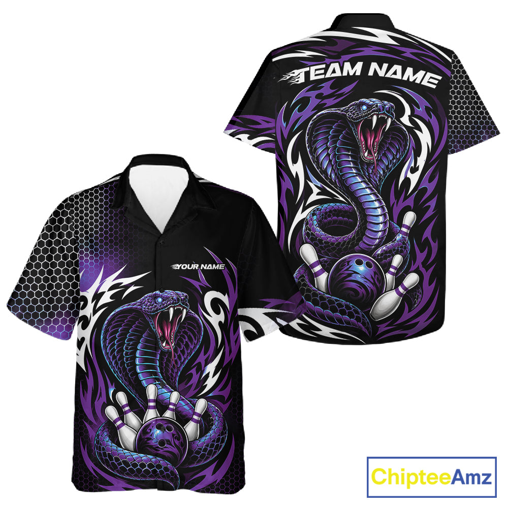 Custom bowling-themed short-sleeve button-up shirts shown from both front and back. The design features a purple and black cobrasco snake wrapping around a bowling ball and pins, with flame-like patterns and placeholder text 'TEAM NAME' and 'YOUR NAME'.