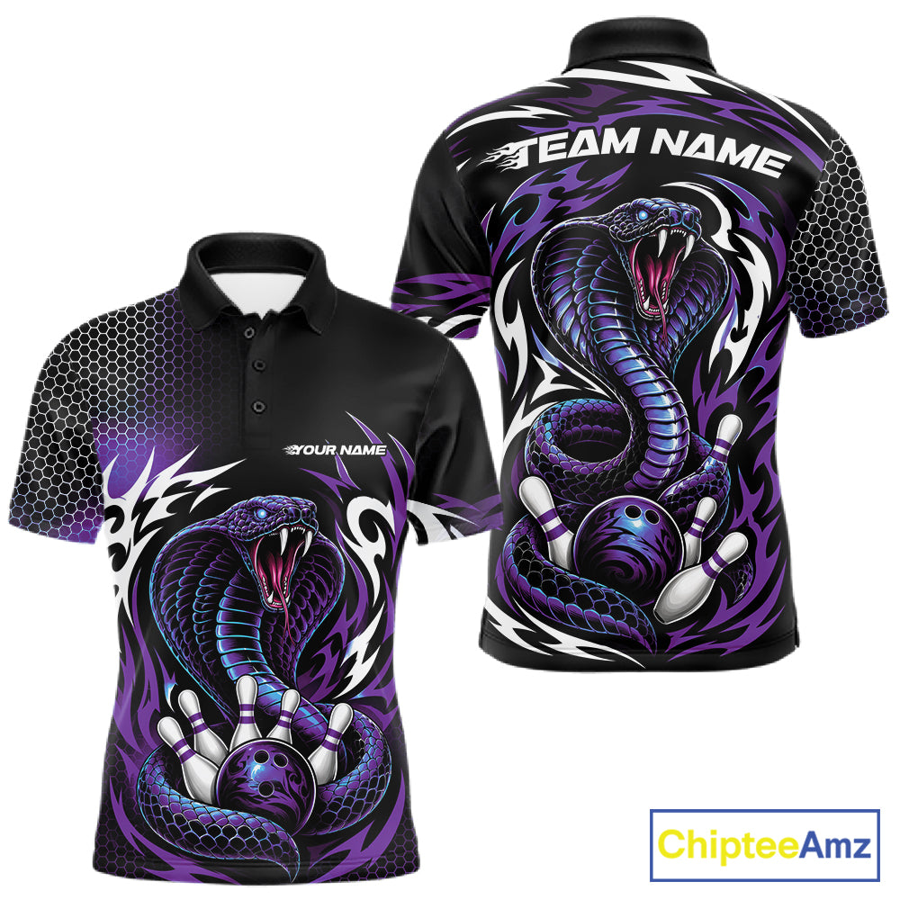Front and back views of a black short-sleeve polo shirt with a purple cobra snake and bowling graphic, featuring customizable text placeholders, on a white background 
