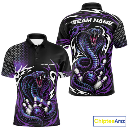 Front and back views of a black short-sleeve polo shirt with a purple cobra snake and bowling graphic, featuring customizable text placeholders, on a white background 