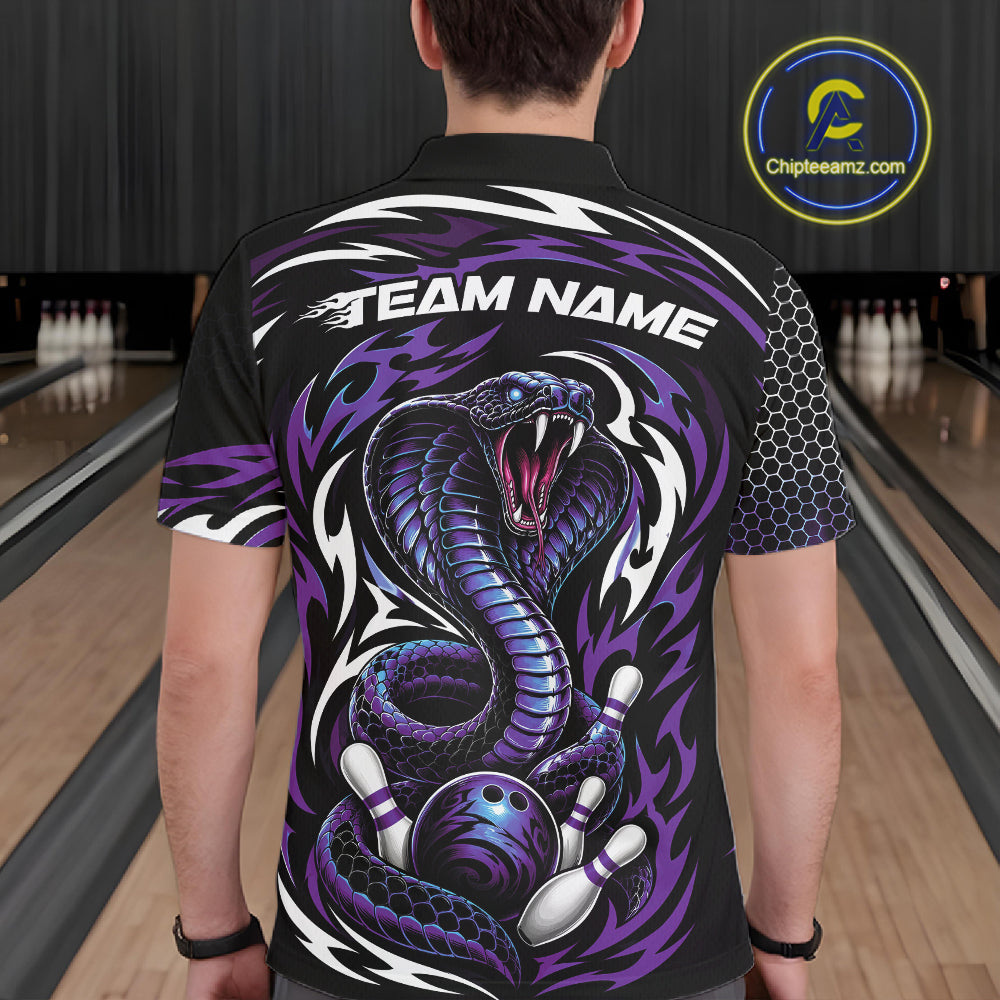 A person viewed from behind wearing a black short-sleeve bowling-themed shirt with a large purple snake graphic, bowling pins, and the text 'TEAM NAME' on the back. 