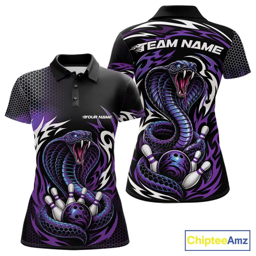 Black and purple short-sleeve polo shirt with a bold bowling-themed graphic featuring a coiled snake, bowling pins, and bowling balls. 