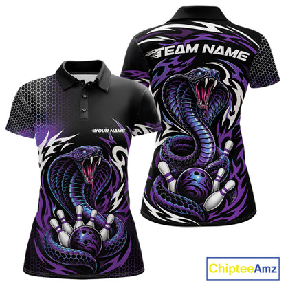 Black and purple short-sleeve polo shirt with a bold bowling-themed graphic featuring a coiled snake, bowling pins, and bowling balls. 