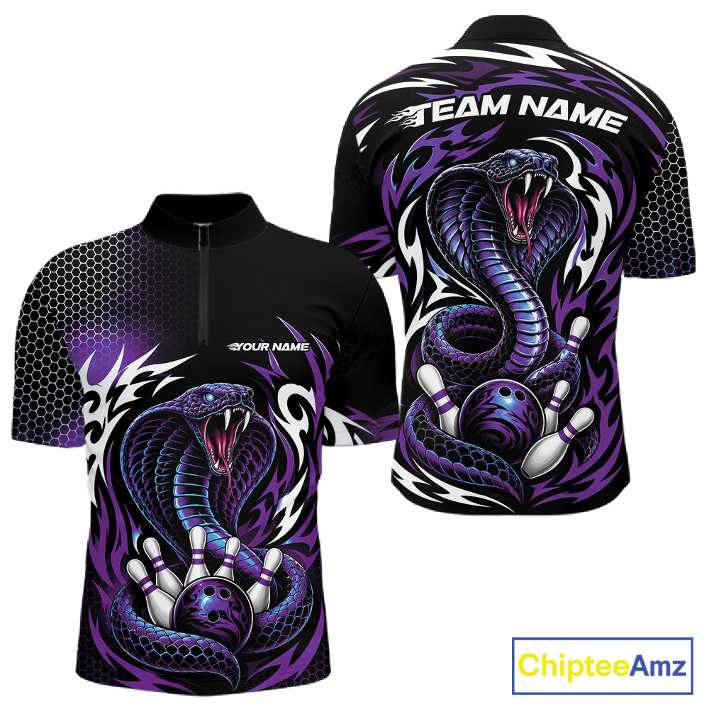 Front and back views of a black short-sleeve quarter zip shirt  with a purple and white cobra snake and bowling pin graphic, customizable team name text