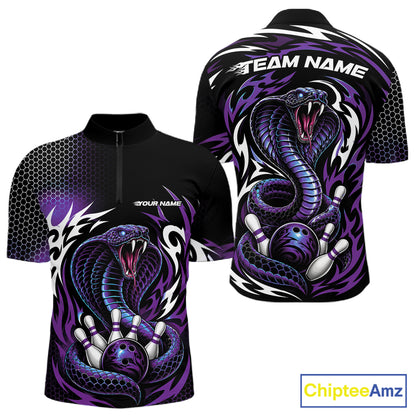Front and back views of a black short-sleeve quarter zip shirt  with a purple and white cobra snake and bowling pin graphic, customizable team name text