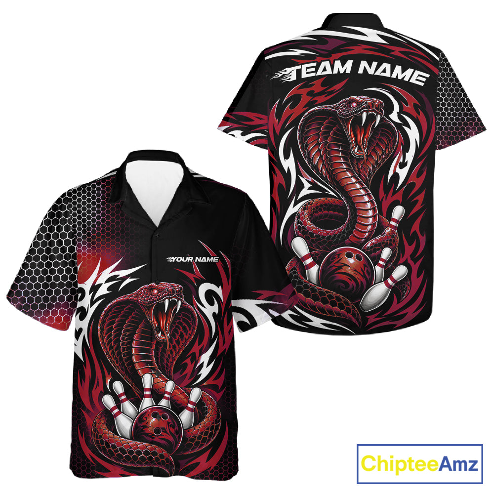 Custom short-sleeve bowling button up shirt shown from the front and back, featuring a red and black cobra snake graphic with bowling pins and balls, honeycomb pattern sleeves, and customizable text areas.