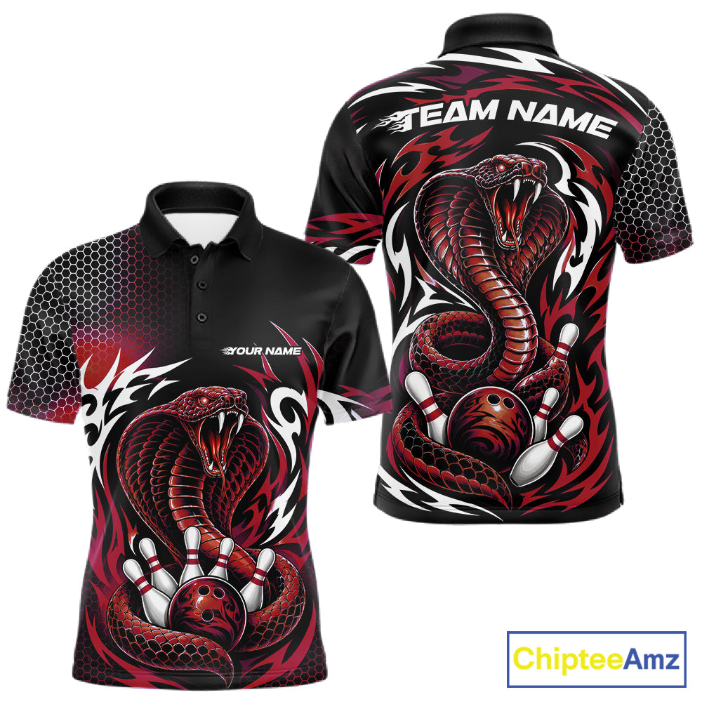 Front and back views of a custom short-sleeve polo shirt featuring a red and black cobra snake graphic with bowling balls and pins, customizable text placeholders, and a black honeycomb pattern on the sleeves, 