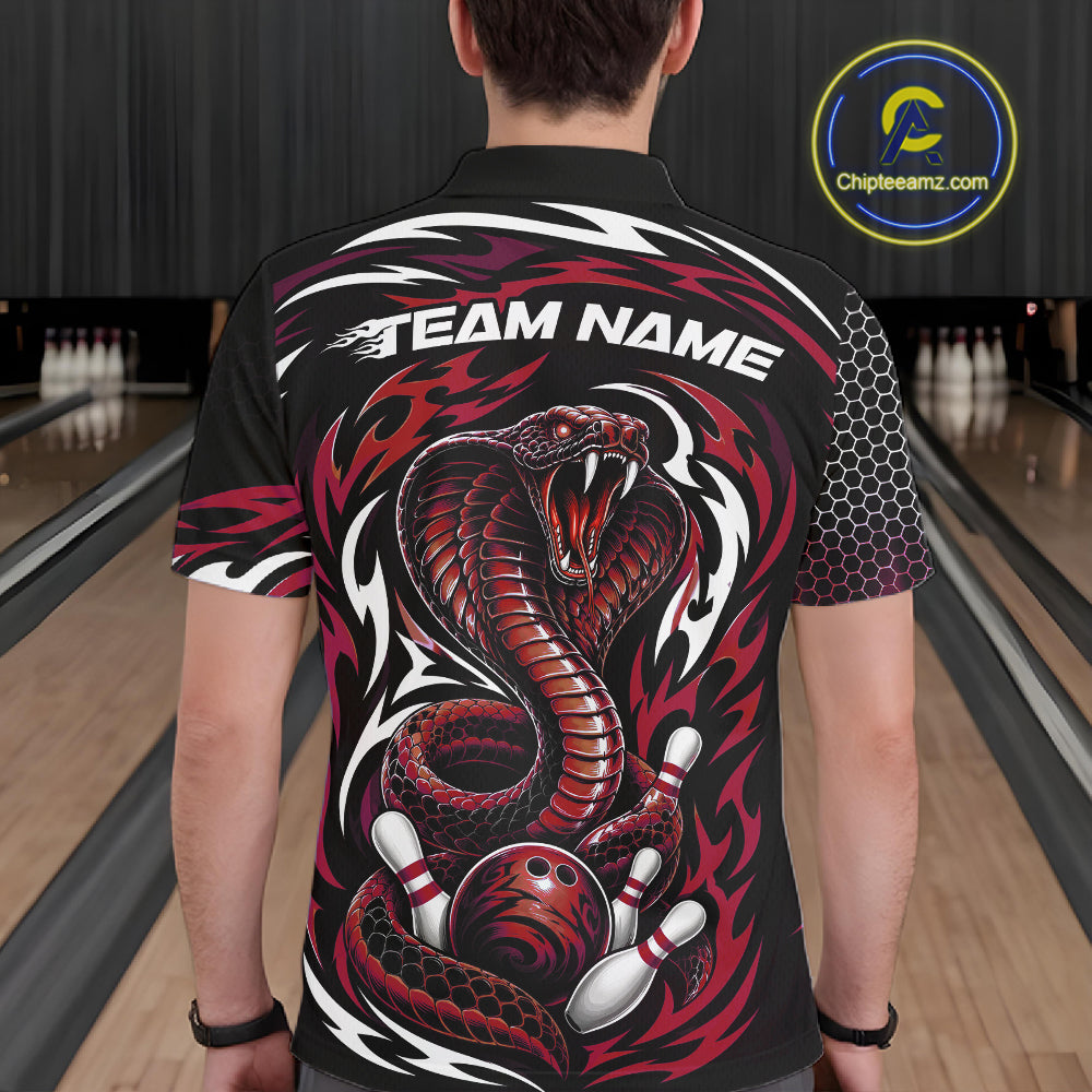 A man viewed from behind wearing a black short-sleeve bowling shirt with a large red cobra snake graphic, bowling pins, and the text 'TEAM NAME' across the upper back. 
