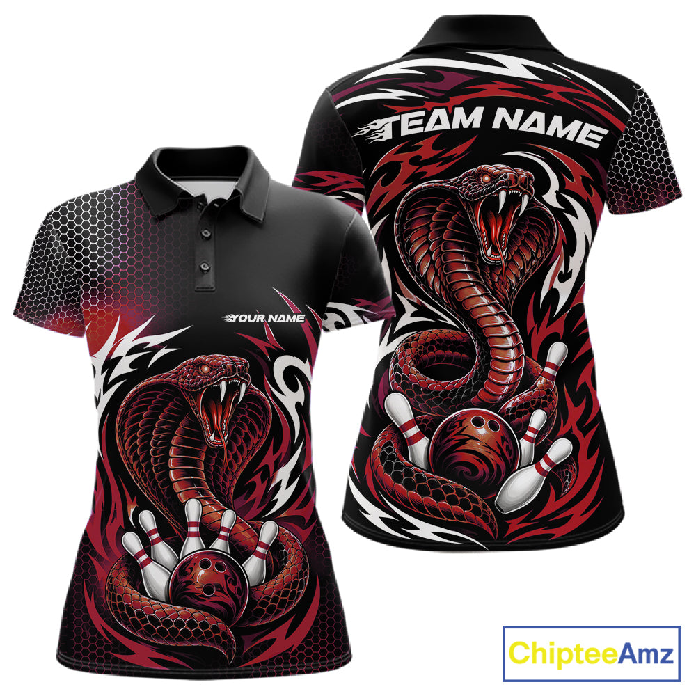 Custom short-sleeve polo shirt shown from the front and back, featuring a bold red and black cobra snake and bowling ball graphic with white text placeholders 'TEAM NAME' and 'YOUR NAME'.