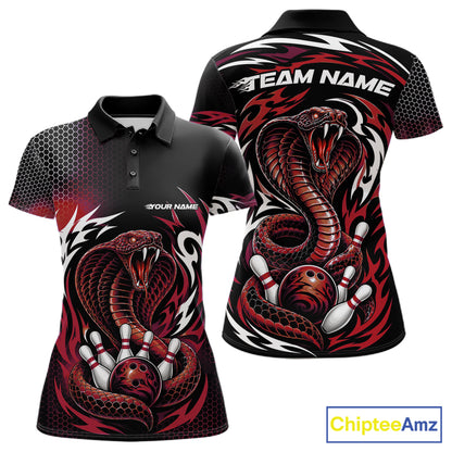 Custom short-sleeve polo shirt shown from the front and back, featuring a bold red and black cobra snake and bowling ball graphic with white text placeholders 'TEAM NAME' and 'YOUR NAME'.