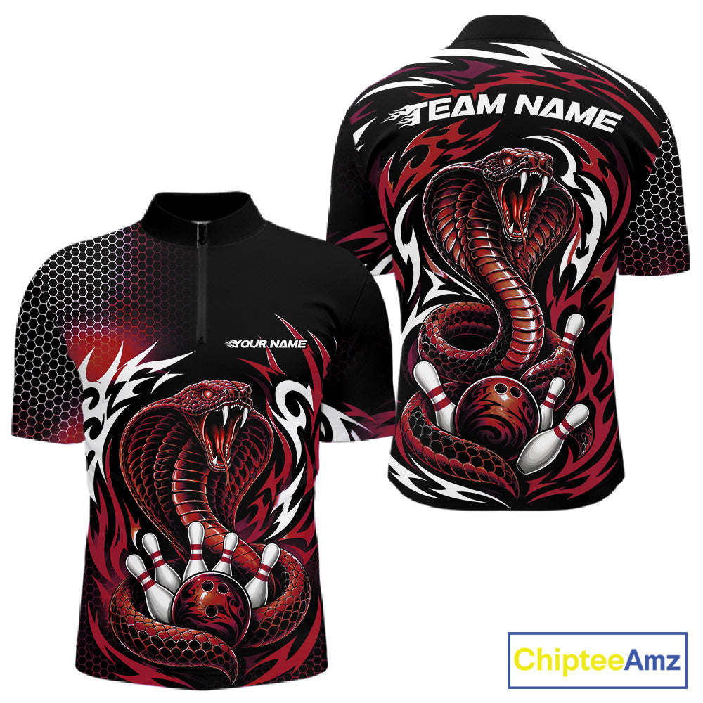 A black short-sleeve quarter zip shirt  shown from the front and back, featuring a large red and white cobra snake graphic with bowling pins and a bowling ball, plus customizable text areas reading TEAM NAME and YOUR NAME. 
