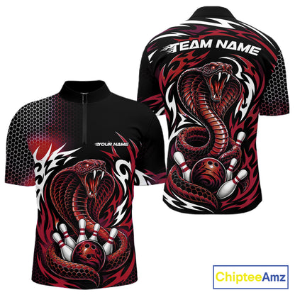 A black short-sleeve quarter zip shirt  shown from the front and back, featuring a large red and white cobra snake graphic with bowling pins and a bowling ball, plus customizable text areas reading TEAM NAME and YOUR NAME. 