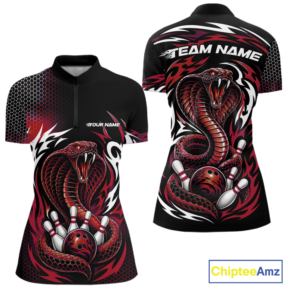 Front and back views of a black short-sleeve quarter zip shirt jersey with a red and white cobra snake and bowling ball graphic, plus customizable text placeholders 'YOUR NAME' and 'TEAM NAME'.