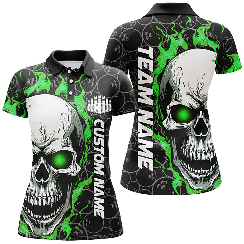 Custom Flaming Skull Team Bowling Shirts For Women, Halloween Bowling Jerseys | Green IPHW5180