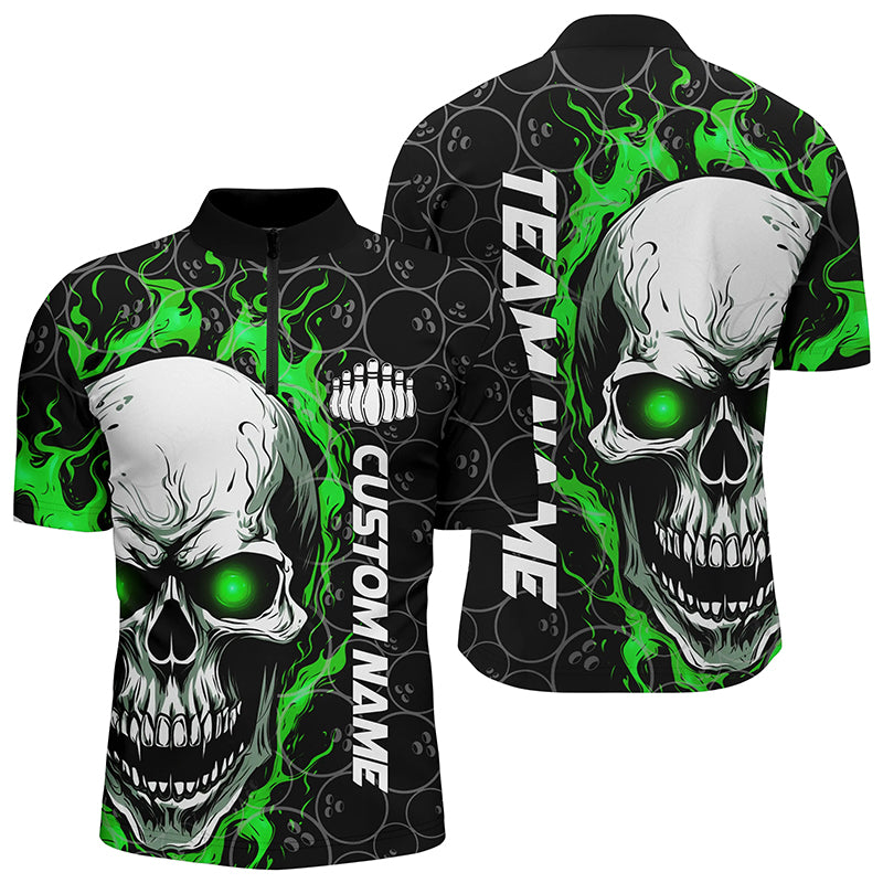 Custom Flaming Skull Team Bowling Shirts For Men, Halloween Bowling Jerseys | Green IPHW5180