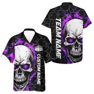 Custom Black And Purple Flaming Skull Team Bowling Men Hawaiian Shirts, Halloween Bowlers Outfits IPHW5181