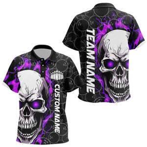 Custom Black And Purple Flaming Skull Team Bowling Kid Polo Shirts, Halloween Bowlers Outfits IPHW5181