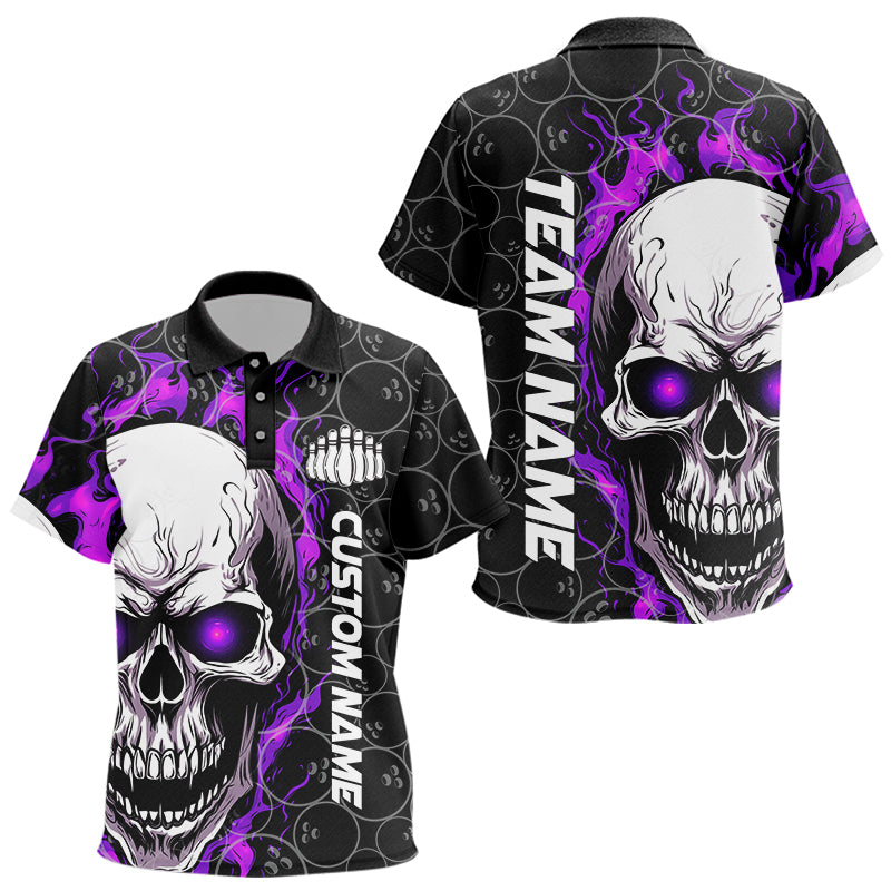 Custom Black And Purple Flaming Skull Team Bowling Kid Polo Shirts, Halloween Bowlers Outfits IPHW5181