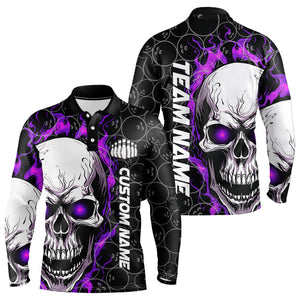 Custom Black And Purple Flaming Skull Team Bowling Men Long Sleeve Polo Shirts, Halloween Outfits IPHW5181