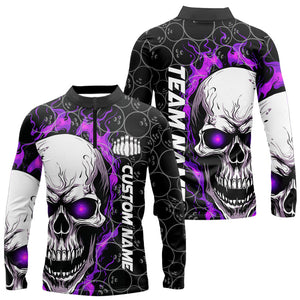 Custom Black And Purple Flaming Skull Bowling Men Long Sleeve Quarter-Zip Shirts, Halloween Outfits IPHW5181