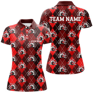 Red Argyle Pattern Custom Christmas Ladies Bowling Shirts, Team Bowling Uniform Xmas Outfit IPHW7330