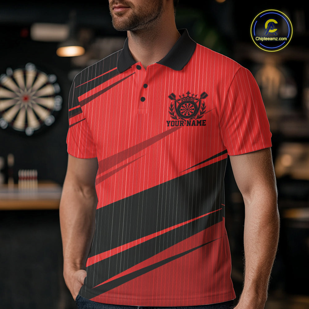Custom Black And Red Classic Crowned Dart Men Polo Shirt, Darts Team Jersey IPHW12076