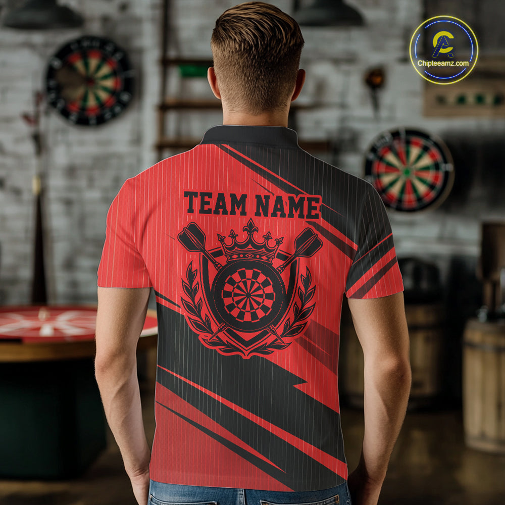 Custom Black And Red Classic Crowned Dart Men Polo Shirt, Darts Team Jersey IPHW12076