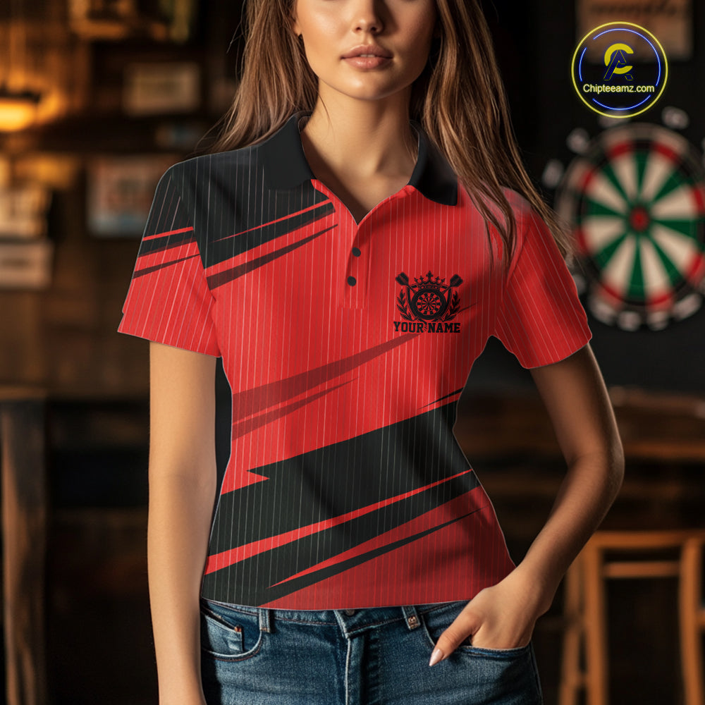 Custom Black And Red Classic Crowned Dart Women Polo Shirt, Darts Team Jersey IPHW12076
