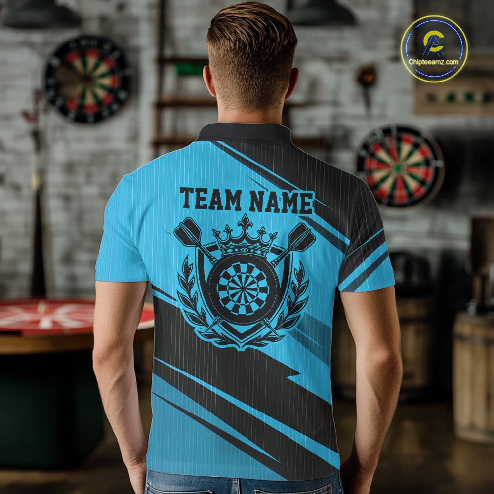 Custom Black And Blue Classic Crowned Dart Men Polo Shirt, Darts Team Jersey IPHW12077