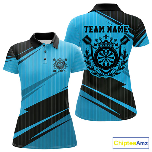 Custom Black And Blue Classic Crowned Dart Women Polo Shirt, Darts Team Jersey IPHW12077