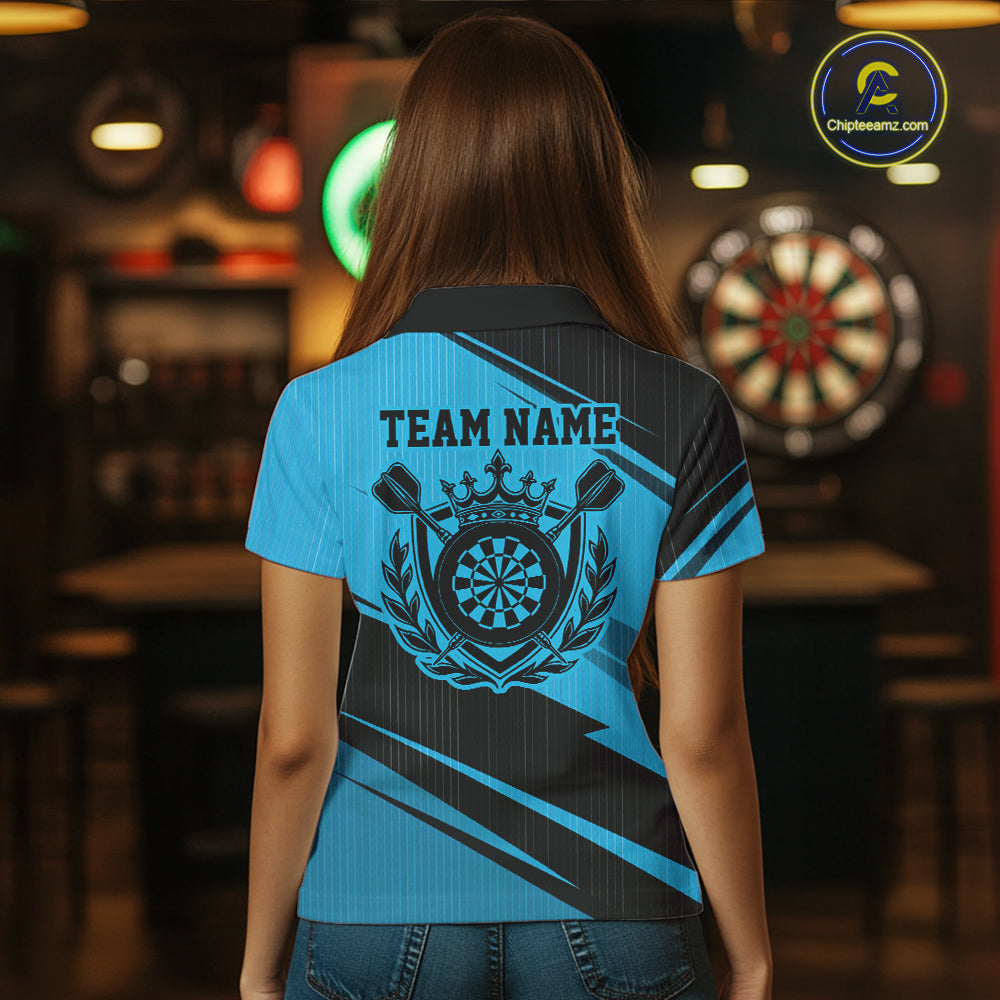 Custom Black And Blue Classic Crowned Dart Women Polo Shirt, Darts Team Jersey IPHW12077