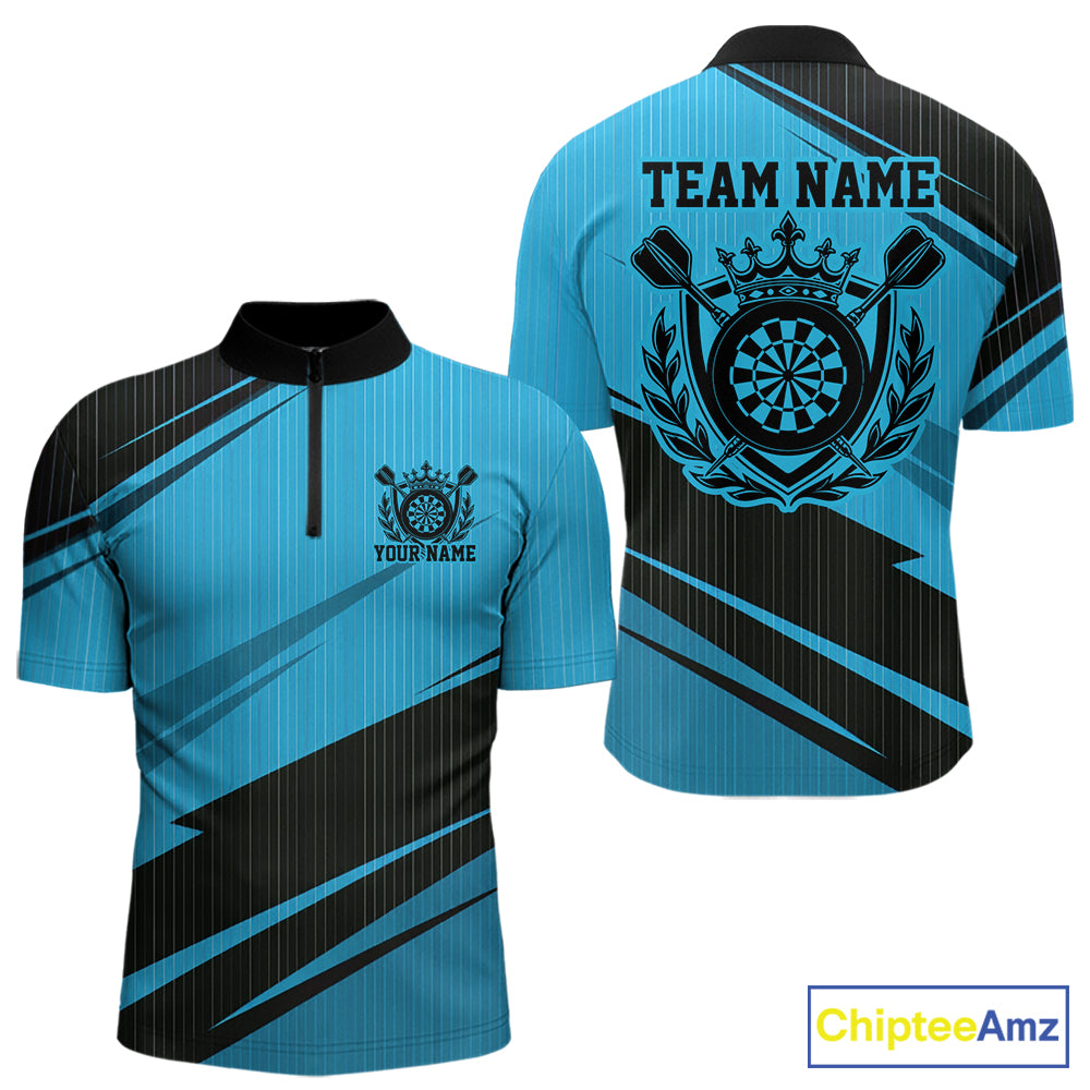 Custom Black And Blue Classic Crowned Dart Men Quarter Zip Shirt, Darts Team Jersey IPHW12077