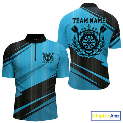 Custom Black And Blue Classic Crowned Dart Men Quarter Zip Shirt, Darts Team Jersey IPHW12077
