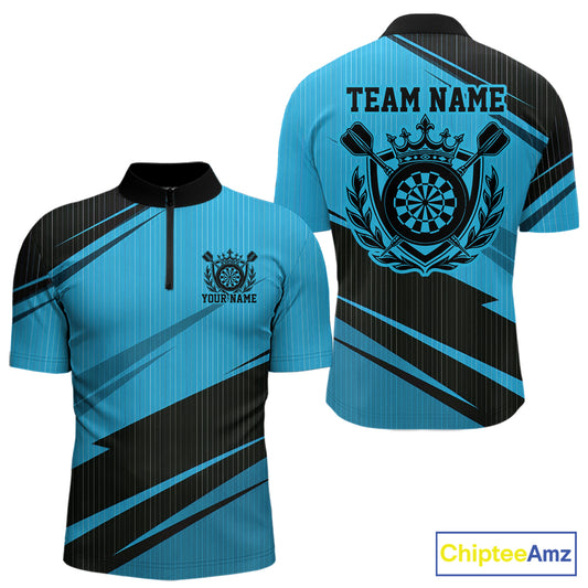 Custom Black And Blue Classic Crowned Dart Men Quarter Zip Shirt, Darts Team Jersey IPHW12077