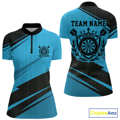 Custom Black And Blue Classic Crowned Dart Women Quarter-Zip Shirt, Darts Team Jersey IPHW12077