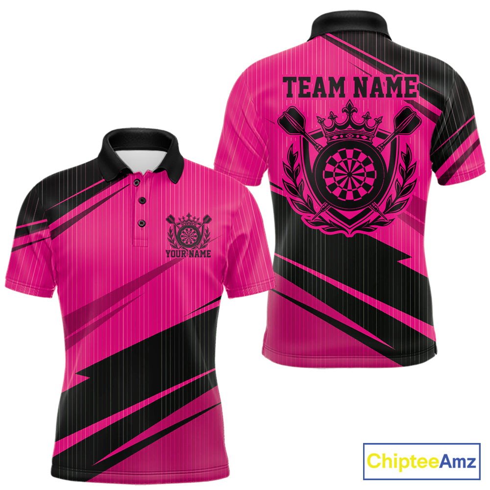 Custom Black And Pink Classic Crowned Dart Men Polo Shirt, Darts Team Jersey IPHW12078