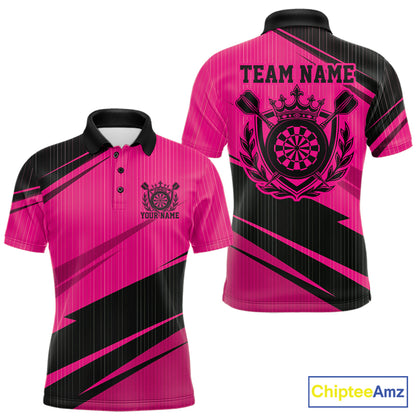 Custom Black And Pink Classic Crowned Dart Men Polo Shirt, Darts Team Jersey IPHW12078