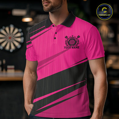 Custom Black And Pink Classic Crowned Dart Men Polo Shirt, Darts Team Jersey IPHW12078