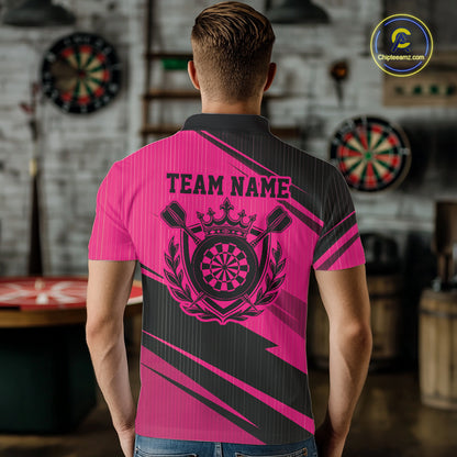 Custom Black And Pink Classic Crowned Dart Men Polo Shirt, Darts Team Jersey IPHW12078
