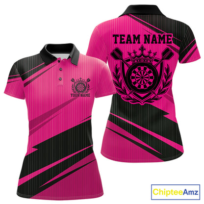 Custom Black And Pink Classic Crowned Dart Women Polo Shirt, Darts Team Jersey IPHW12078
