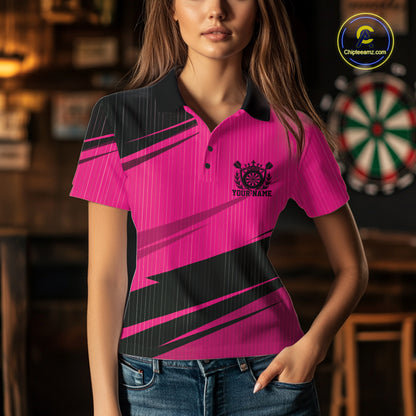 Custom Black And Pink Classic Crowned Dart Women Polo Shirt, Darts Team Jersey IPHW12078