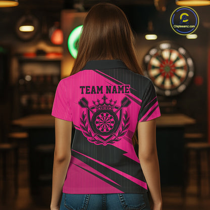 Custom Black And Pink Classic Crowned Dart Women Polo Shirt, Darts Team Jersey IPHW12078